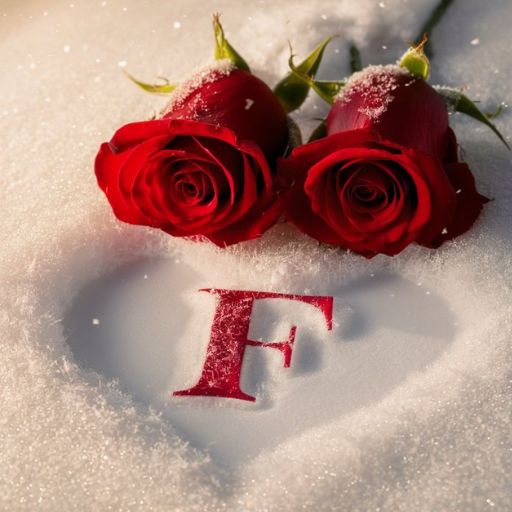 Two red roses on snow with a heart shape around the initial _F_ imprinted beneath them