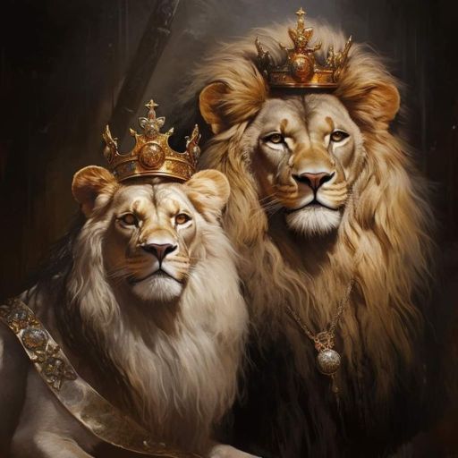 Two regal lions adorned with crowns, majestically seated on an ornate throne, symbolizing power and royalty