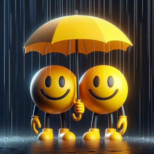 Two smiling emoji figures sharing a yellow umbrella in the rain