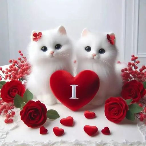 Two white cats with decorative hearts and red roses, behind a red _I [heart]_ sign