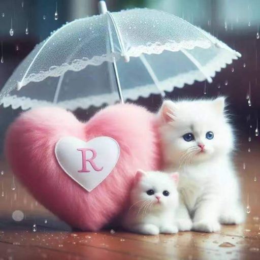 Two white kittens under a clear umbrella beside a pink heart-shaped pillow with a letter _R