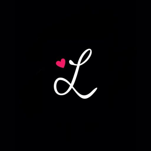 White cursive letter 'L' with a pink heart on a black background