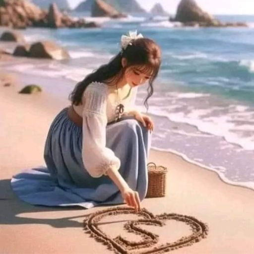 Woman drawing a heart in the sand on a beach, with rocks and sea in background