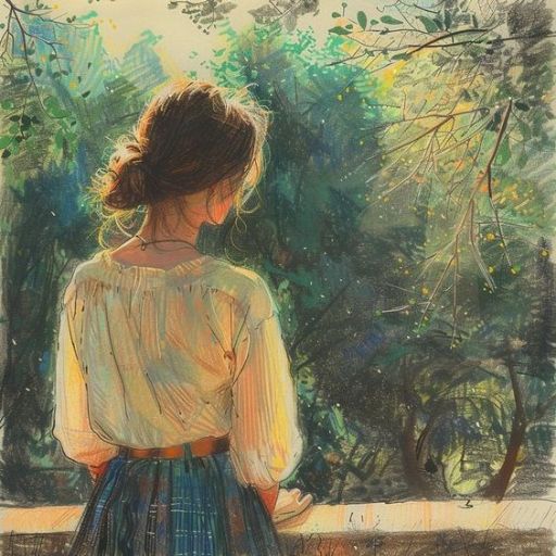 Woman gazing into a lush, sunlit forest from a shaded balcony