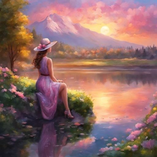 Woman in a pink dress sitting by a lake at sunset with mountains in the background