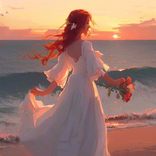 Woman in a white dress holding flowers at the beach during sunset