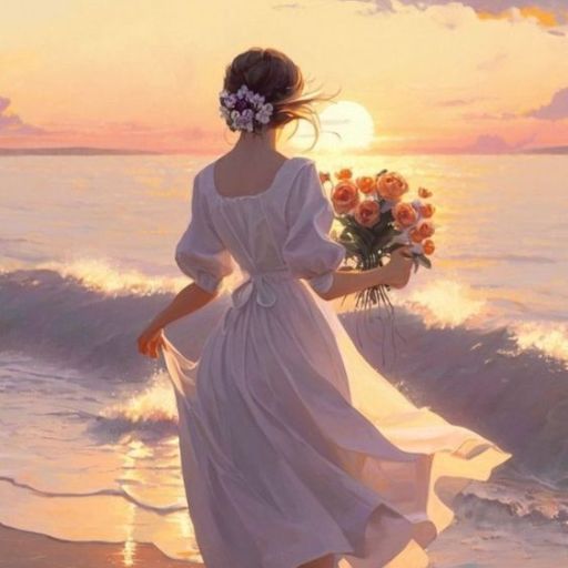 Woman in white dress with flower crown, holding roses, looking at sunset on beach