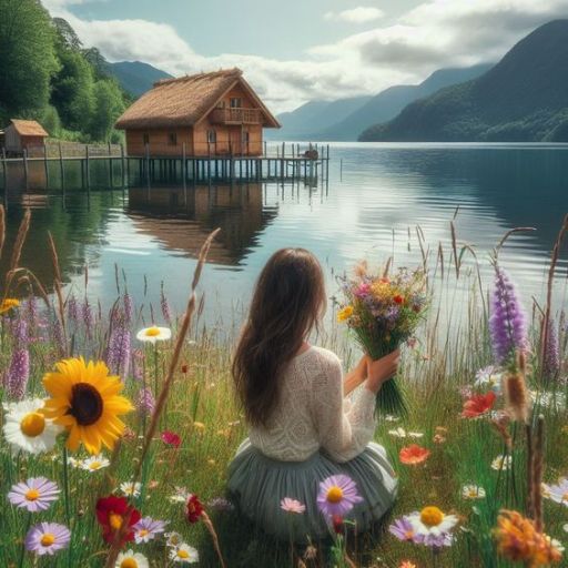 Woman sitting by a lake holding flowers, with a wooden hut on stilts in the background