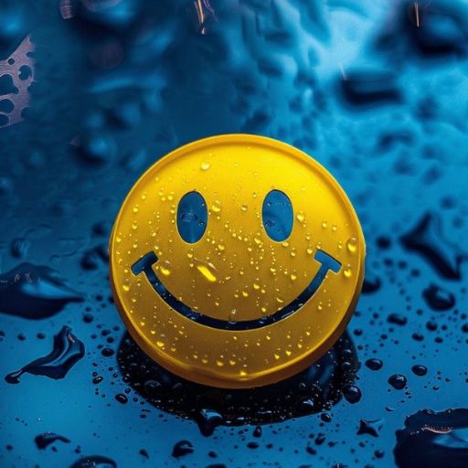 Yellow smiley face pin surrounded by water droplets on a blue surface