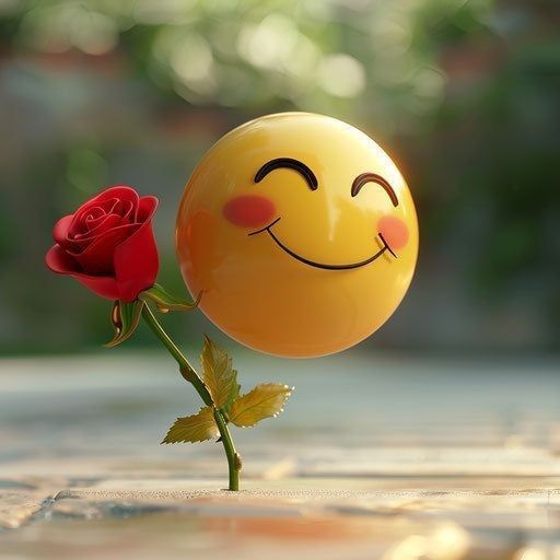 Yellow smiling balloon holding a red rose with a soft-focus background