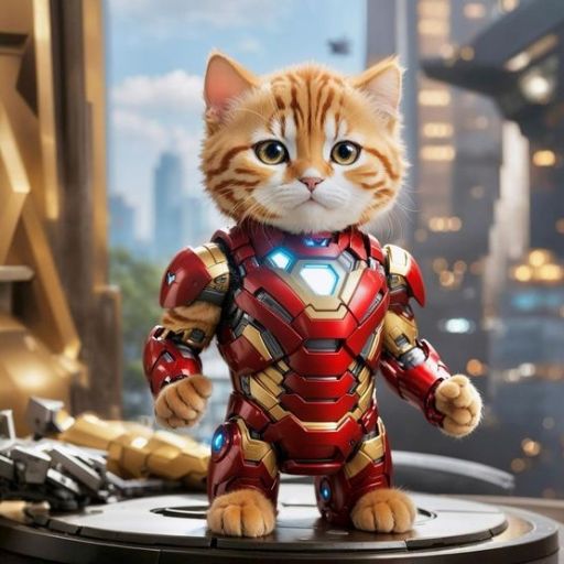 a cat dressed as iron man standing on top of a table