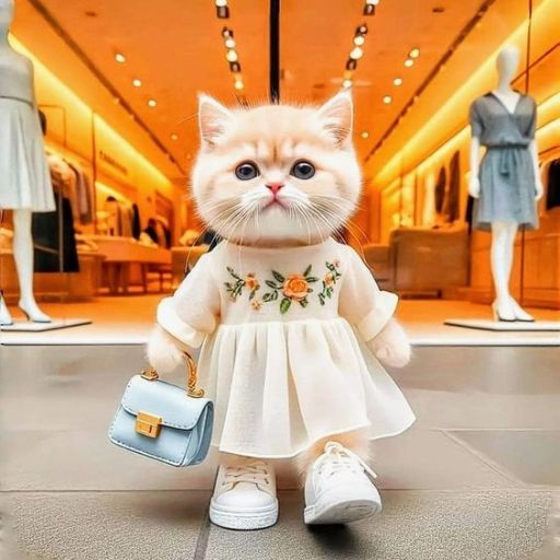 a cat dressed in a dress and holding a purse