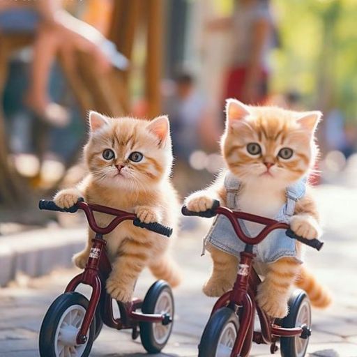 a couple of cats riding on top of a red bike