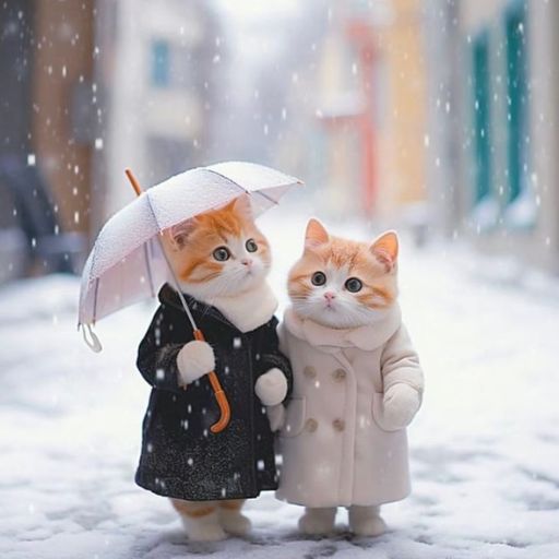 a couple of cats that are standing in the snow