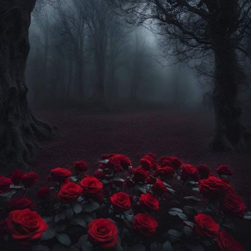 a dark forest with red roses in the foreground