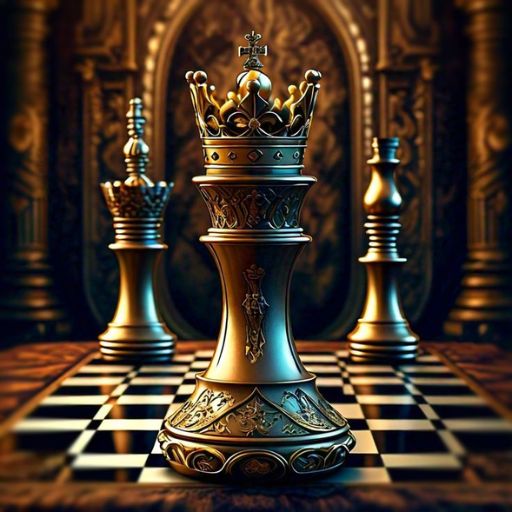 a golden crown sitting on top of a chess board