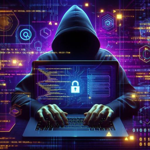 a hooded person using a laptop with a padlock on it