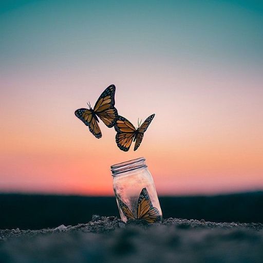 a jar with two butterflies flying out of it