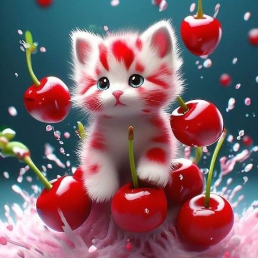 a kitten sitting on top of a pile of cherries