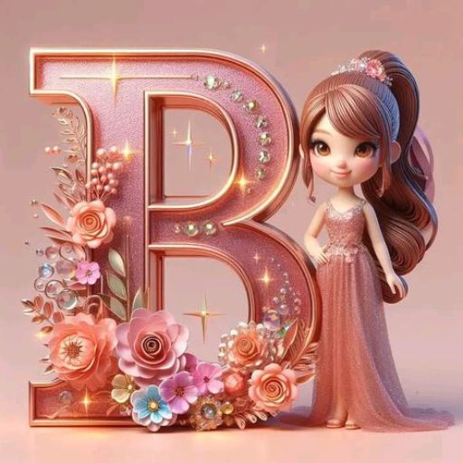 a little girl in a pink dress standing next to a letter b