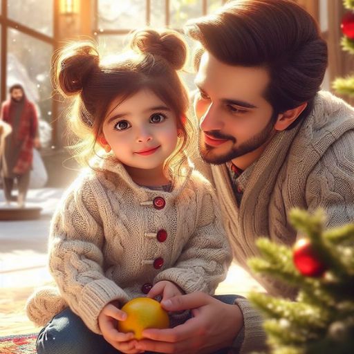 a man and a little girl sitting next to a christmas tree