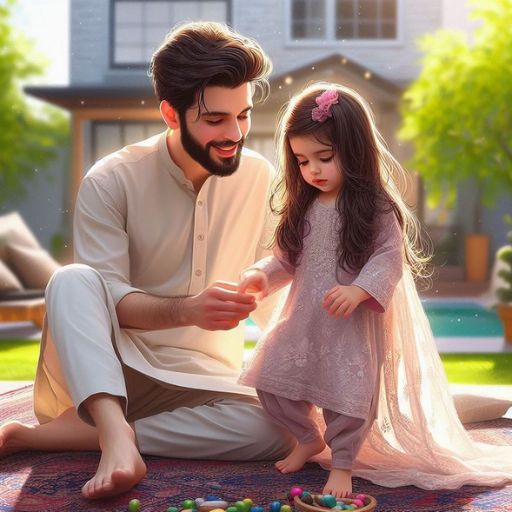 a man and a little girl sitting on a rug