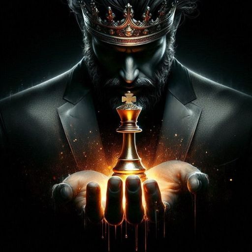 a man with a crown on his head holding a chess piece