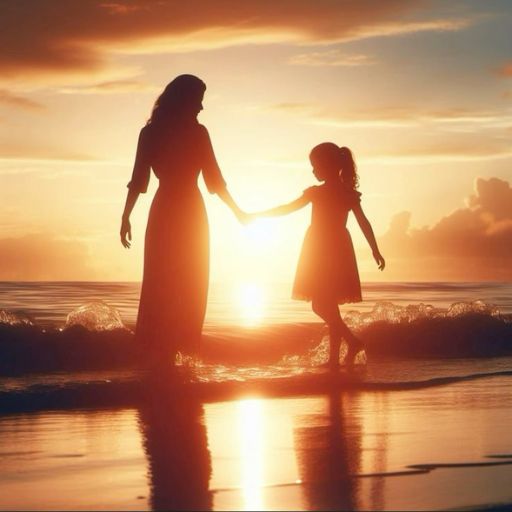 a mother and daughter holding hands on the beach at sunset