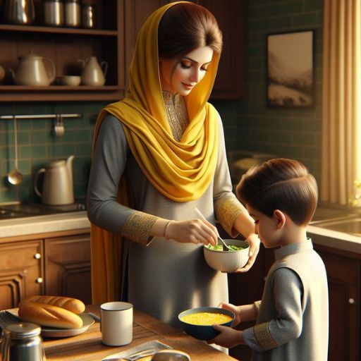 a painting of a woman and a boy in a kitchen