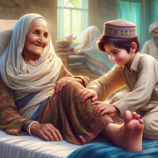 a painting of an old woman and a young boy sitting on a bed