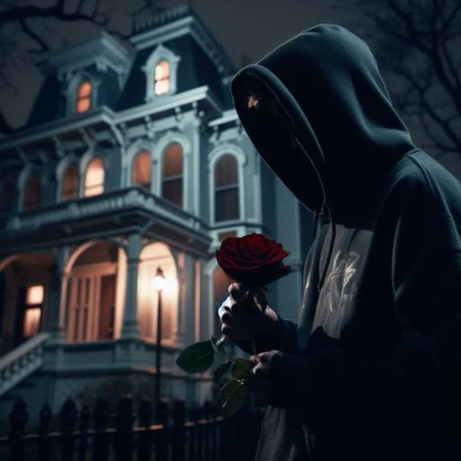 a person holding a rose in front of a house