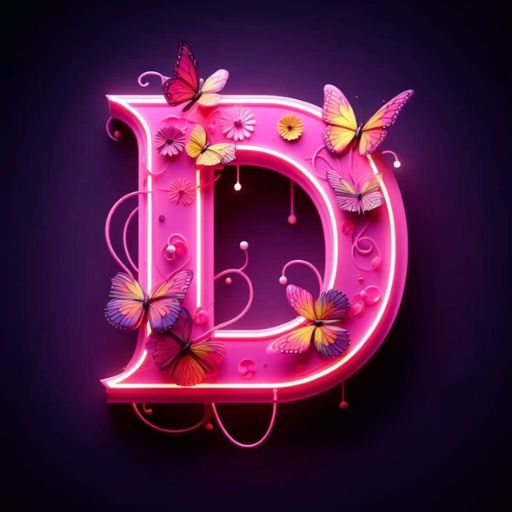 a pink illuminated letter with butterflies on it