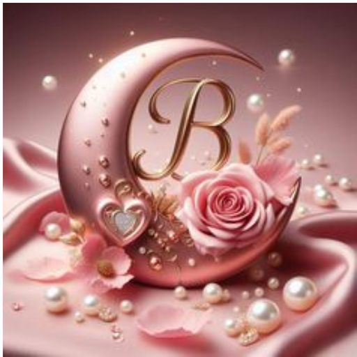 a pink rose and a crescent with the letter b on it