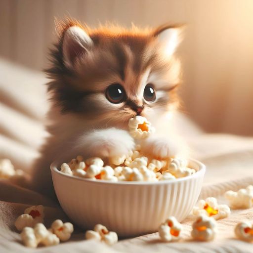 a small kitten eating popcorn out of a bowl