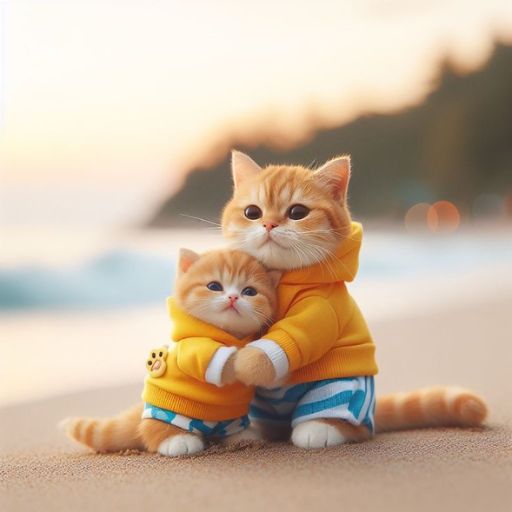 a small orange and white cat sitting on top of a sandy beach