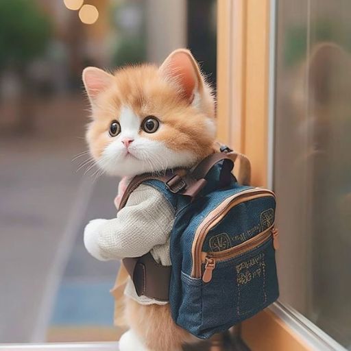 a small orange and white kitten wearing a backpack