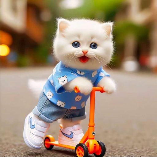 a small white kitten riding a small orange scooter