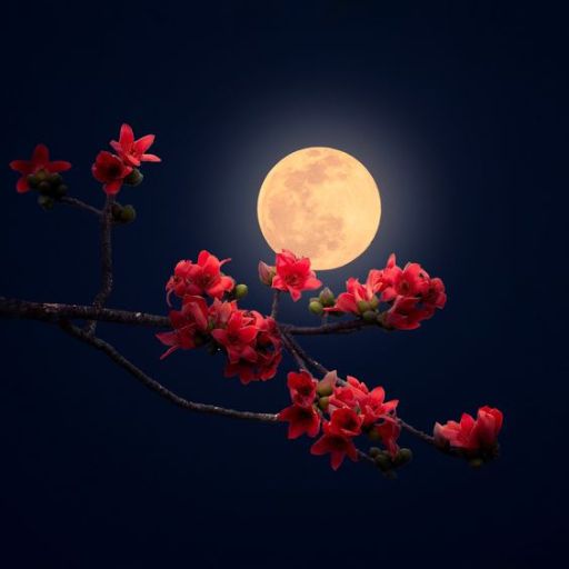 a tree branch with red flowers and a full moon in the background