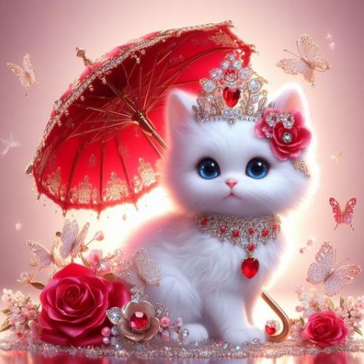 a white cat wearing a tiara and holding a red umbrella