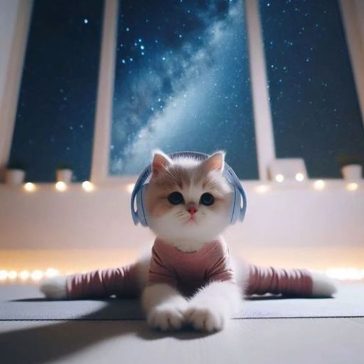 a white cat wearing headphones sitting on a yoga mat