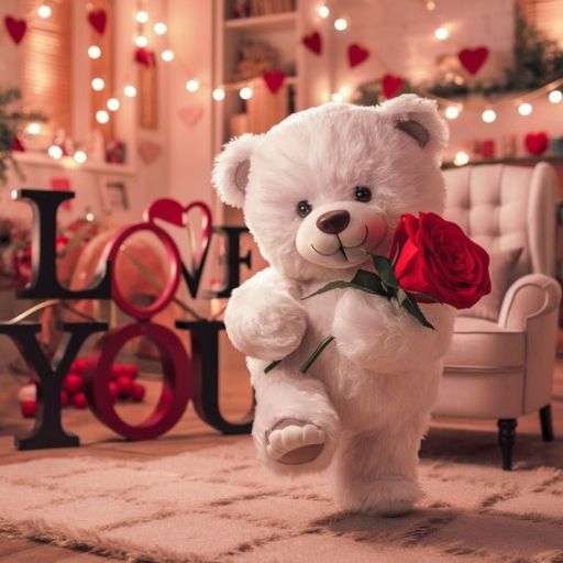 a white teddy bear holding a red rose