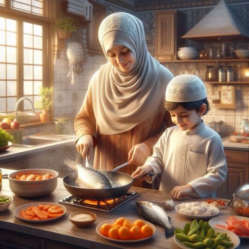 a woman and a child are cooking in a kitchen