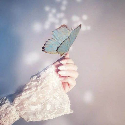 a woman holding a blue butterfly in her hand