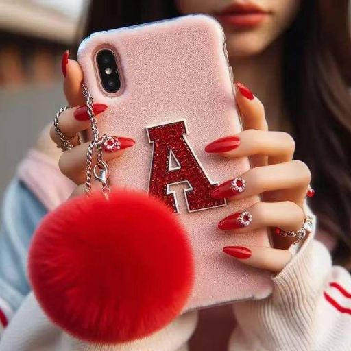 a woman holding a pink phone case with a red pom pom