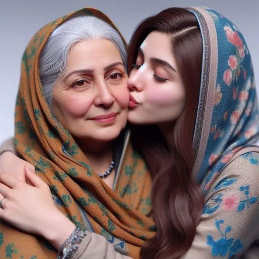 a woman kissing another woman's face while wearing a headscarf