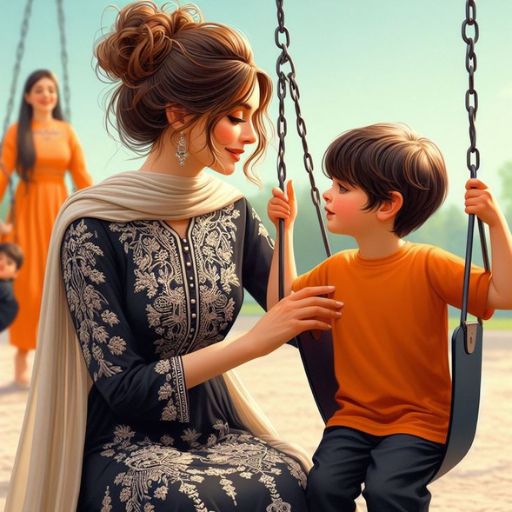 a woman sitting on a swing next to a little boy