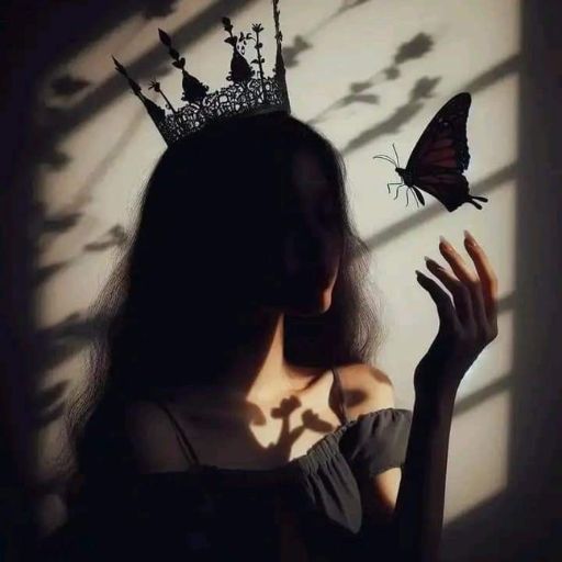 a woman with a butterfly on her head and a shadow of a butterfly on her