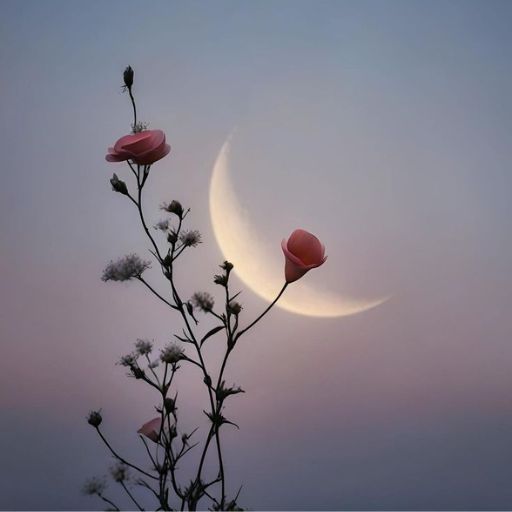 the moon is setting over the flowers in the sky