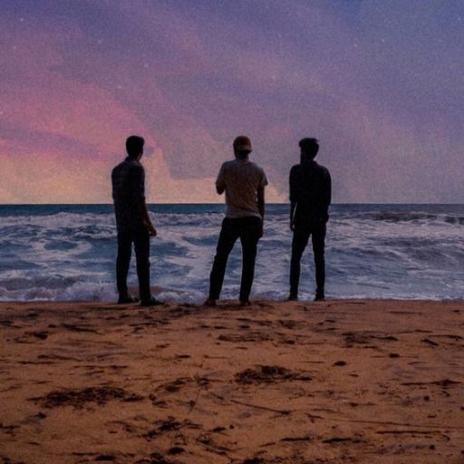 three men standing on a beach watching the ocean