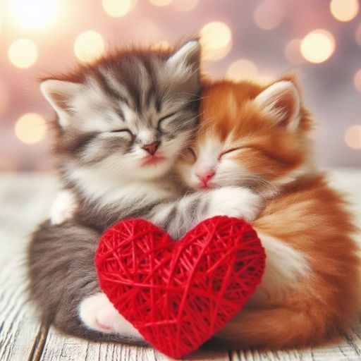 two kittens cuddle together with a red heart